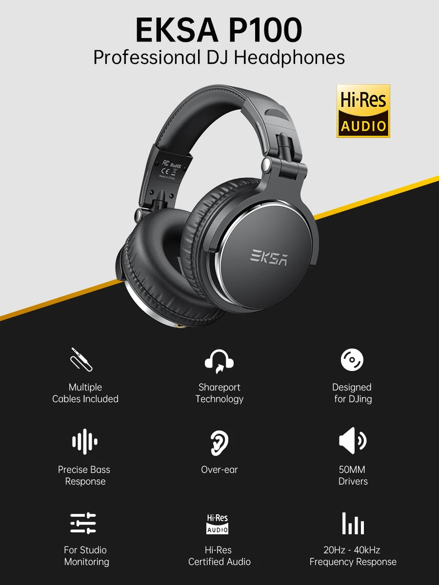 OneOdio EKSA P100 Professional Studio Headphones Wired HiFi Over Ear DJ Monitor Headphones with 50mm Driver, Mic, 3.5mm/6.35mm Audio Cable