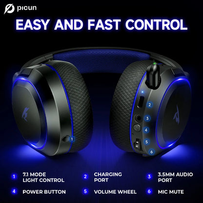 Picun G2 Wireless Gaming Headset Bluetooth 5.3, 7.1 Surround Sound Gaming Headphones, 2.4G Low Latency Wireless Gaming Headset with ENC Microphone for PC, PS5, PS4, Switch & Mobile
