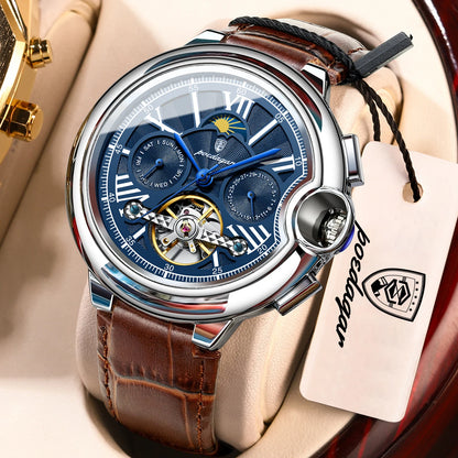 POEDAGAR luksusur til mænd – Mekanisk automatisk model med dato- og ugedagsvisning, læderrem, tourbillon, vandtæt, elegant og professionelt design.