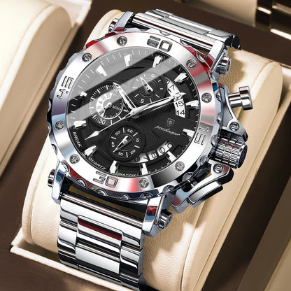Luxusné pánske hodinky POEDAGAR, svietiace, vodotesné, chronograf, dátum, nerezová oceľ, quartz, Reloj