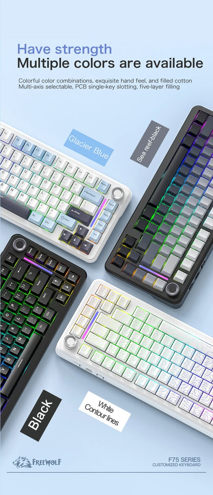 Teclado mecânico F75 FREEWOLF * AULA F75 Bluetooth de três modos, dedicado a gaming e utilização em escritório