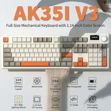 Ajazz AK35I V3 MAX – klawiatura mechaniczna do gier z baterią 8000 mAh, trzy tryby pracy: przewodowy, Bluetooth i bezprzewodowy, możliwość wymiany na gorąco, kolorowy ekran TFT