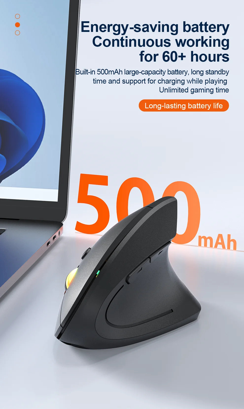 Rato Vertical Sem Fios Bluetooth 2.4G Recarregável Ergonómico 1600DPI Ajustável Gaming 6 Botões para Portátil PC Computador