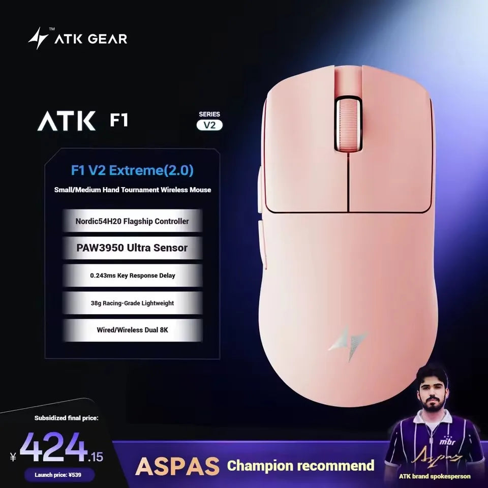 ATK Blazing Sky F1 V2 Ultra Max безжична геймърска мишка с двоен режим, олекотена, PAW3950Ultra, Dual 8K, ниска латентност, ергономична, екстремна