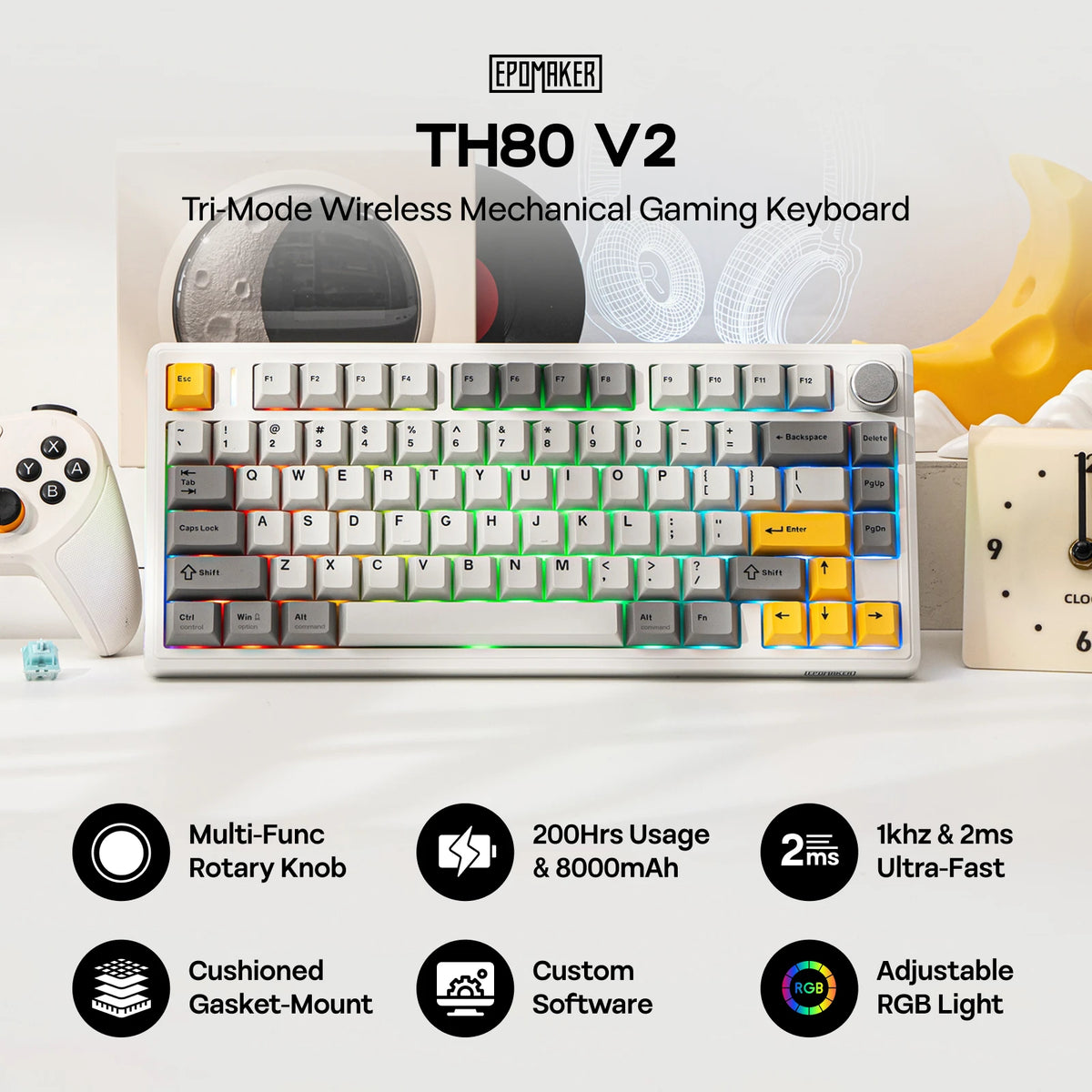 EPOMAKER TH80 V2 75% ANSI US Layout Gasket Tri-mode Wireless Mechanical Gaming Keyboard with 8000mAh Battey & RGB Backlight