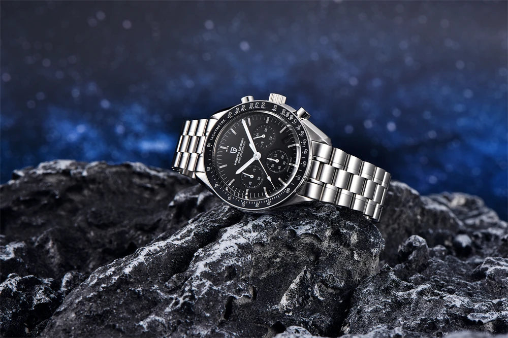 Montre pour homme PAGANI DESIGN « New Moon » – Montre à quartz de luxe, chronographe, verre saphir avec traitement antireflet, lunette en céramique, aiguilles luminescentes
