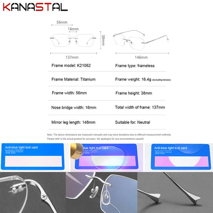 Men Pure Titanium Eyeglasses Frame Women Ultralight Rimless Glasses Blue Light Blocking Lens Prescription Myopia Reading Eyewear