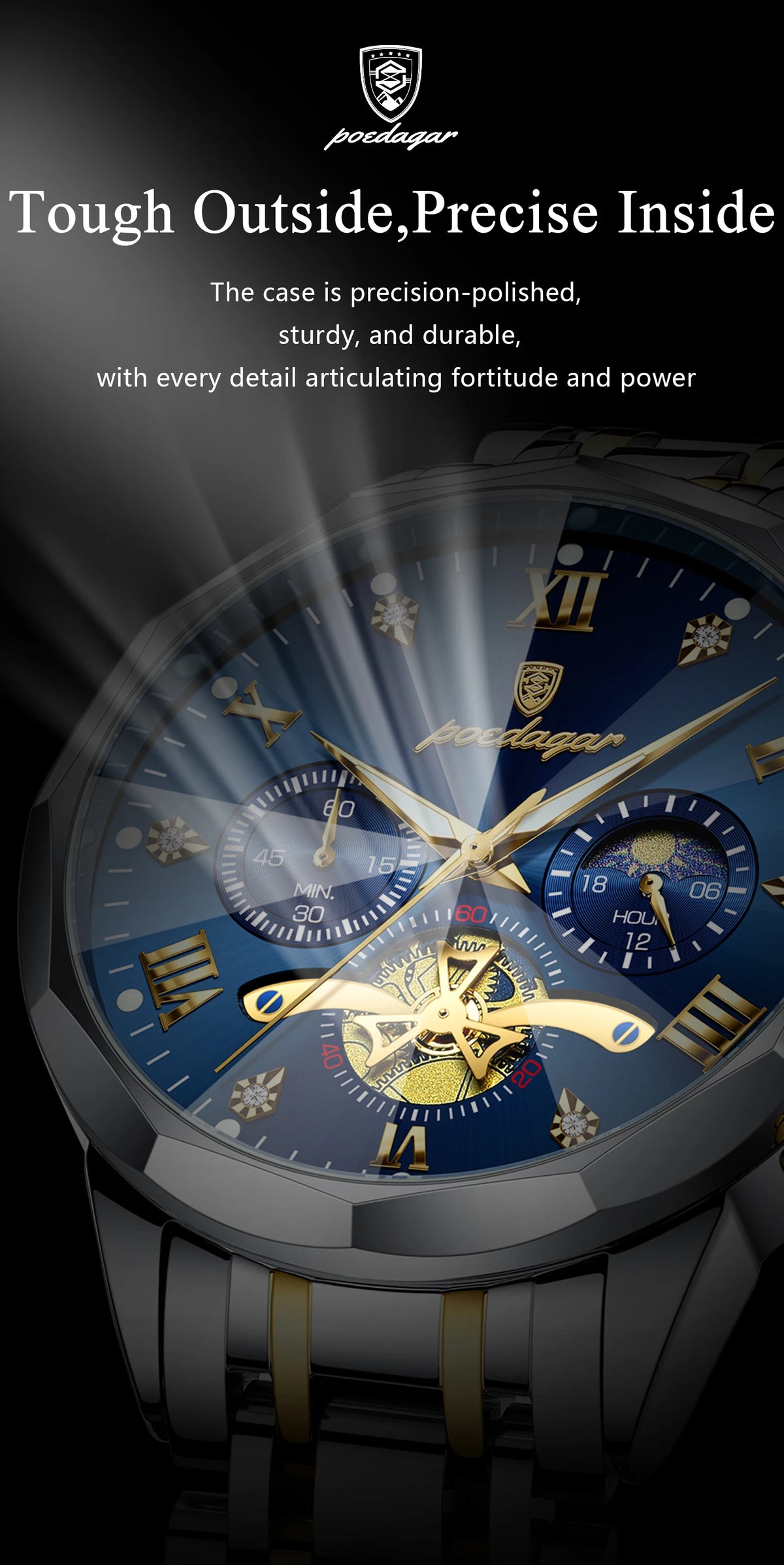 POEDAGAR Luxury Men Watch Top Original Waterproof Luminous Chronograph Man Wristwatch Stainless Steel Quartz Men's Watches Reloj