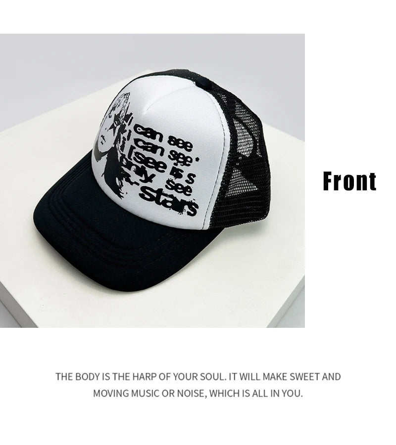 American Style Cruise Printed Anime New Letter Mesh Trucker Caps Sunshade Breathable Baseball Hats Men Women Versatile Fashion