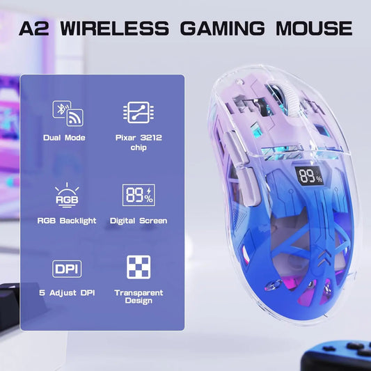 A2 Transparent Wireless Gaming Mouse, BT 5.0/2.4G PC Rechargeable RGB Mice with Digital Screen, PixArt 3212, 5 Adjustable DPI