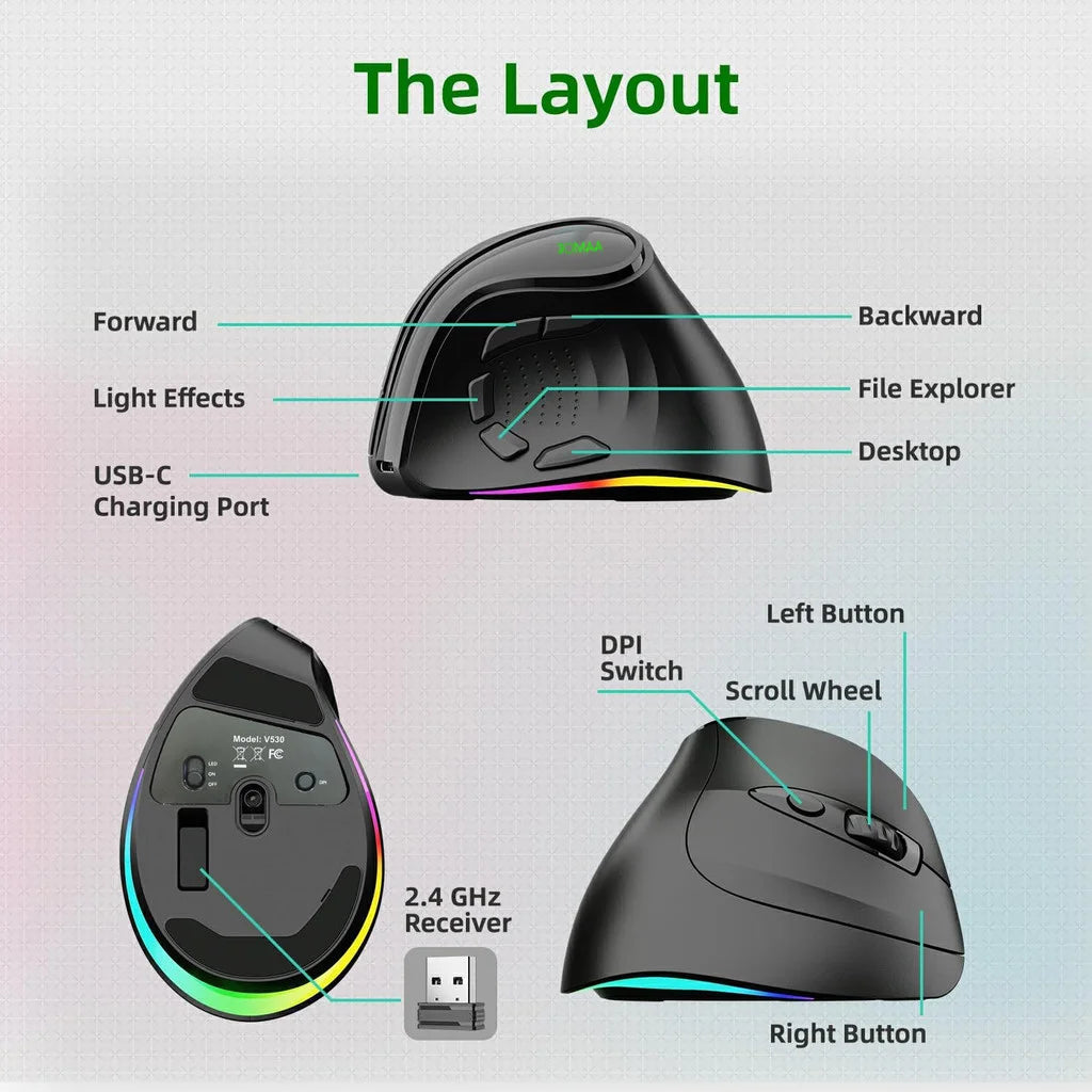 JOMAA RGB Rechargeable Wireless Ergonomic Mouse, 5 Side Buttons, Bluetooth & 2.4G Wireless Mice for PC Computer Notebook Laptop
