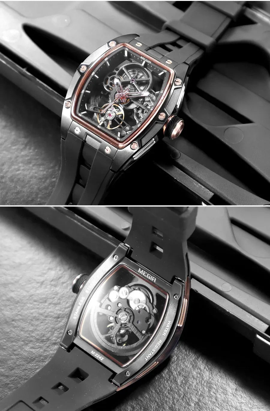 Orologio da polso automatico MEGIR da uomo, fashion, cinturino in silicone nero, impermeabile, luminoso, sportivo, meccanico, con quadrante tonneau 2242