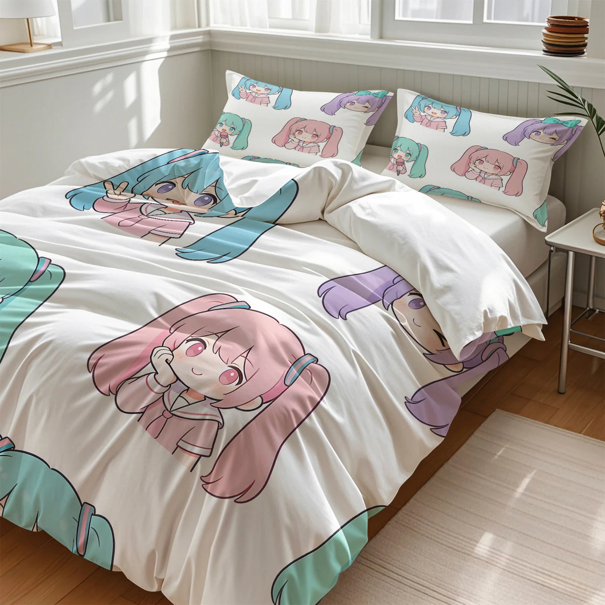 Σετ κάλυμμα παπλώματος Hatsune Miku σε στυλ Chibi – Χαριτωμένα κλινοσκεπάσματα anime με μαξιλαροθήκες – Διακόσμηση υπνοδωματίου για εφήβους και παιδιά – Δώρο για τους θαυμαστές