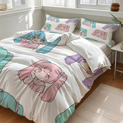 Σετ κάλυμμα παπλώματος Hatsune Miku σε στυλ Chibi – Χαριτωμένα κλινοσκεπάσματα anime με μαξιλαροθήκες – Διακόσμηση υπνοδωματίου για εφήβους και παιδιά – Δώρο για τους θαυμαστές
