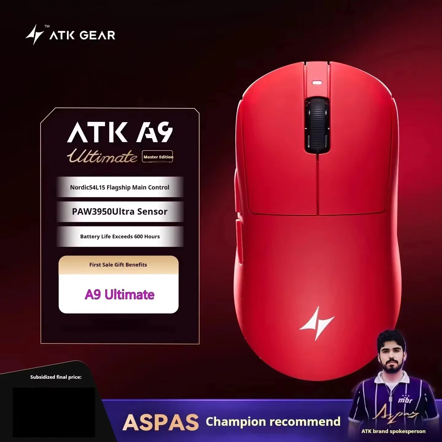 Rato Gaming Sem Fios ATK A9 com Tecnologia NearLink, Ergonómico PAW3395, Tri-Mode Bluetooth de Baixa Latência para Esports e PC