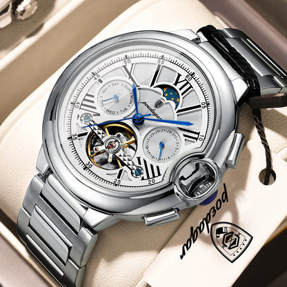 POEDAGAR luksusur til mænd – Mekanisk automatisk model med dato- og ugedagsvisning, læderrem, tourbillon, vandtæt, elegant og professionelt design.