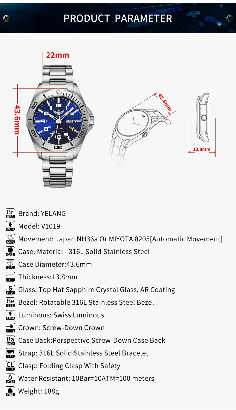 YELANG V1019 Men's Luminous Watch 44mm Mechanical Sapphire Miyota 8205 Automatic Movement 100m Waterproof Diver's Watch for Men