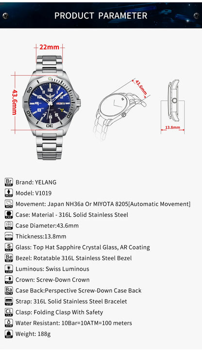 YELANG V1019 Men's Luminous Watch 44mm Mechanical Sapphire Miyota 8205 Automatic Movement 100m Waterproof Diver's Watch for Men