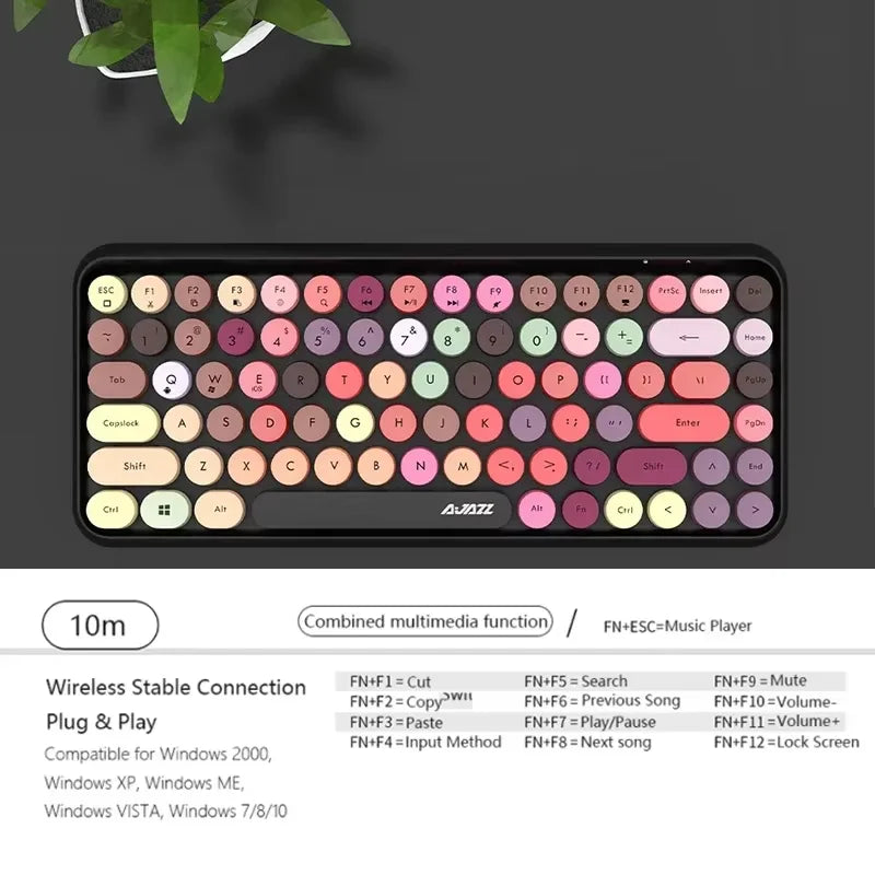 AJAZZ 308i  Wireless Bluetooth Keyboard 84 Keys Rechargeable Retro Round Typewriter Keycaps, Portable Mechanical K