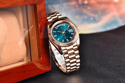 PAGANI DESIGN Luxe herenhorloge met saffierglas, lichtgevende wijzers, roestvrij staal, week- en datumweergave, mechanisch, waterdicht, ST16 herenhorloge