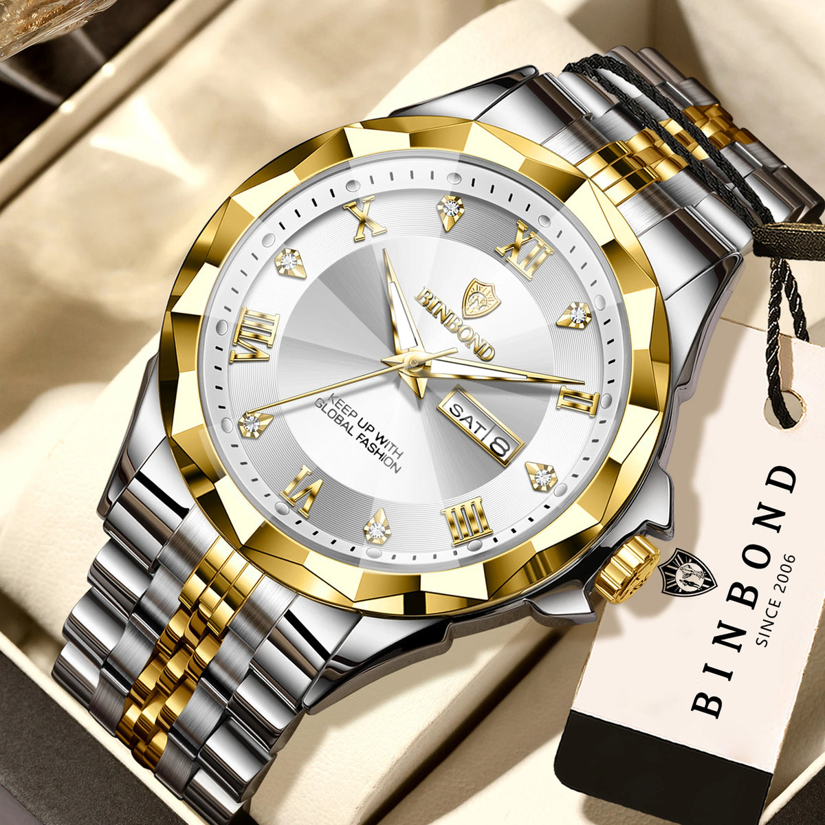 Orologio al quarzo da uomo BINBOND – Orologio da polso di lusso, luminescente e impermeabile, con indicazione del giorno della settimana e data automatica.