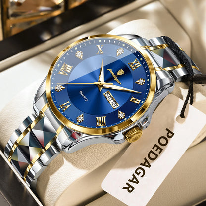 Reloj para hombre POEDAGAR, modelo de lujo original, resistente al agua, luminiscente, con indicador de fecha y día, estilo elegante, caja de acero inoxidable, mecanismo de cuarzo, ideal para el trabajo.