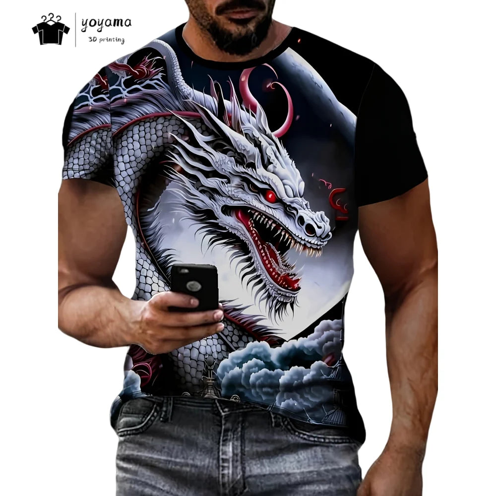 Pánská trička s motivem draka, tričko s krátkým rukávem, módní streetwear, tričko s kulatým výstřihem, trendové zvířecí motivy, 3D tisk, volný střih, univerzální pánské oblečení