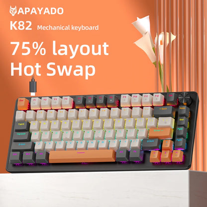 APAYADO 75% Gaming Keyboard Wired with Metal Knob, Hot-Swap K82 Black Mechanical Keyboard,ABS Transparent Character RGB