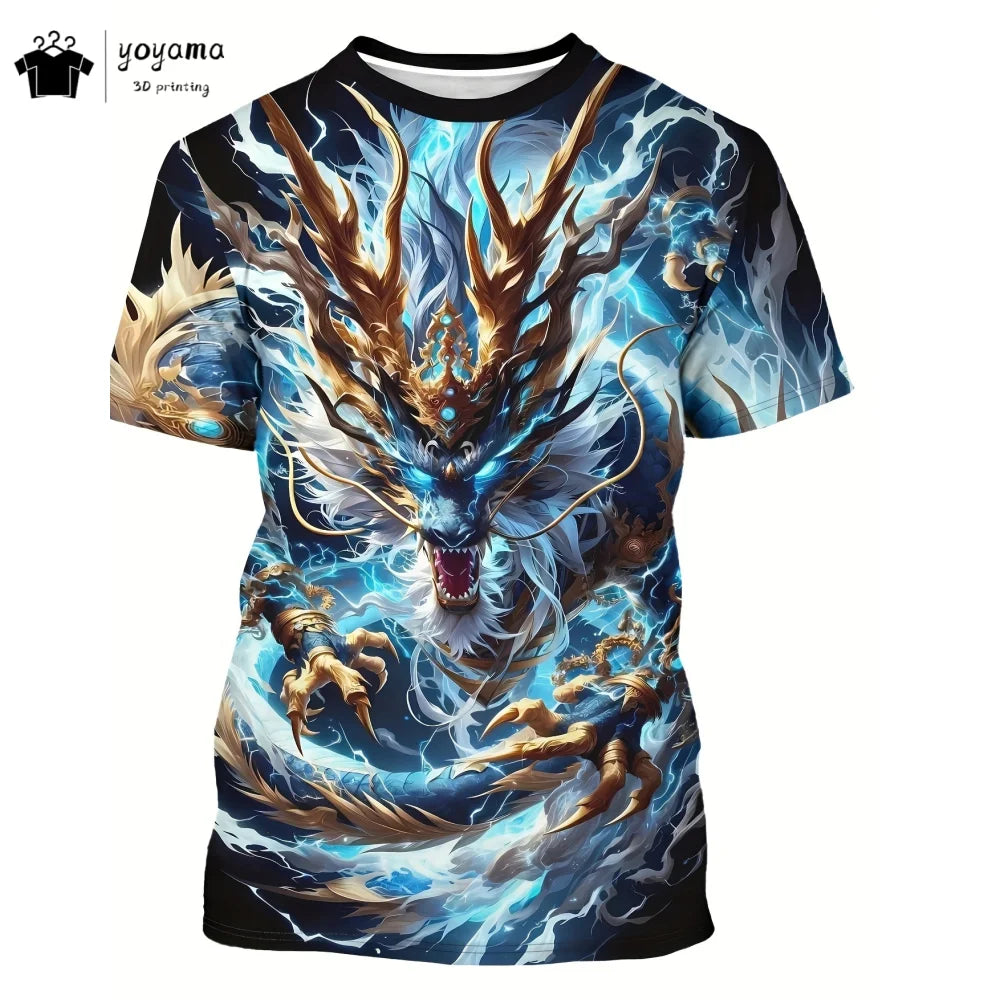 Pánská trička s motivem draka, tričko s krátkým rukávem, módní streetwear, tričko s kulatým výstřihem, trendové zvířecí motivy, 3D tisk, volný střih, univerzální pánské oblečení