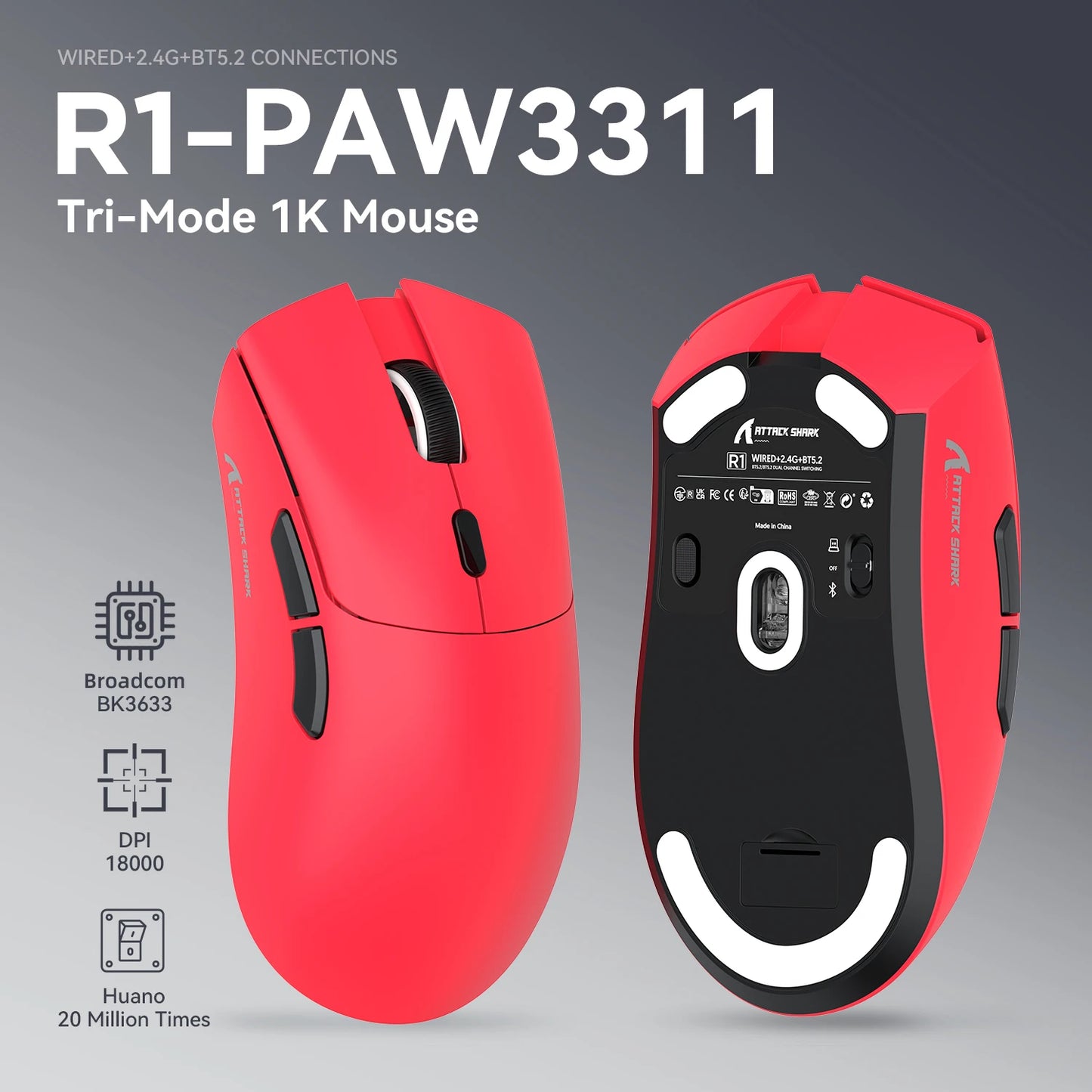 Геймърска мишка ATTACK SHARK R1 Tri-mode, сензор PixArt PAW3311, 18000 DPI, 1000hz, ултралека 59g за голяма ръка, за PC/Mac