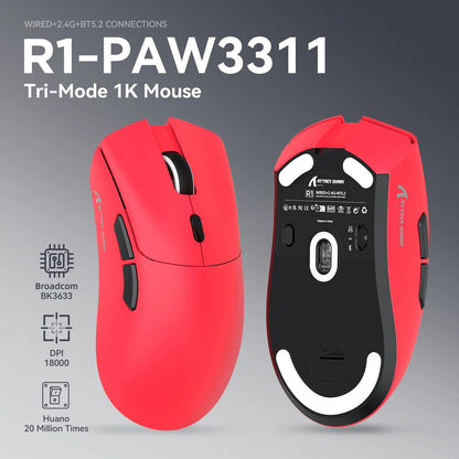 Геймърска мишка ATTACK SHARK R1 Tri-mode, сензор PixArt PAW3311, 18000 DPI, 1000hz, ултралека 59g за голяма ръка, за PC/Mac