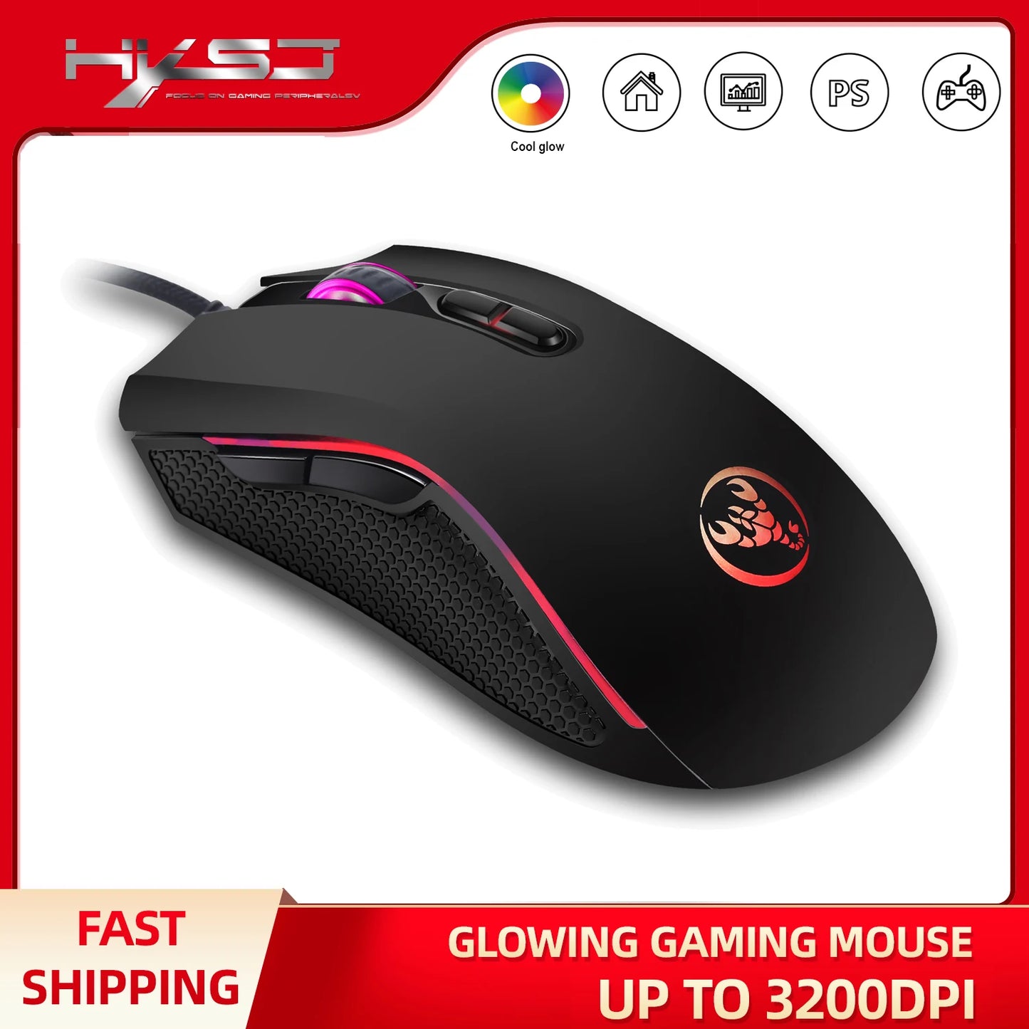 Popular Choice HXSJ A869 Optical Ergonomic RGB ABS 4-level Resolution Adjustment Wired Gaming Mouse for Laptop and PC