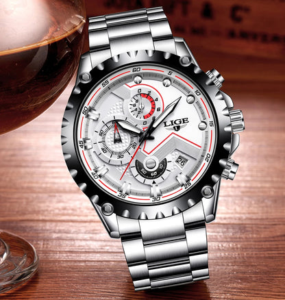 Montre pour homme LIGE – Montre à quartz tendance, marque de luxe, tout en acier, style professionnel, étanche et sportive – Livrée avec boîte