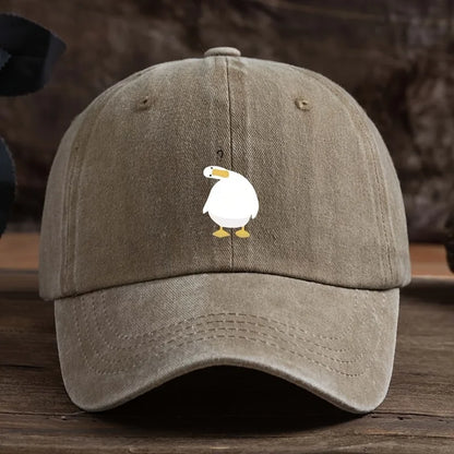Cute duck print baseball cap with adjustable snap button, breathable fabric, outdoor casual headpiece