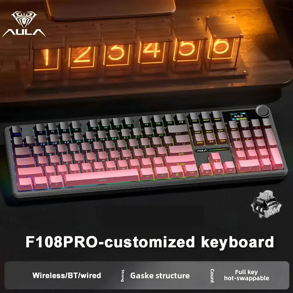 AULA F108 PRO Esports Gaming Mechanical Keyboard Three Mode Custom Multi-Knob RGB Backlight Keyboard with TFT Smart Display