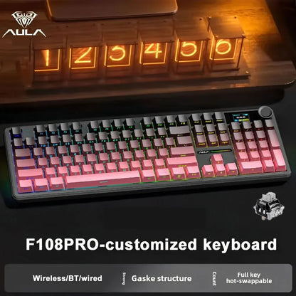 AULA F108 PRO Esports Gaming Mechanical Keyboard Three Mode Custom Multi-Knob RGB Backlight Keyboard with TFT Smart Display