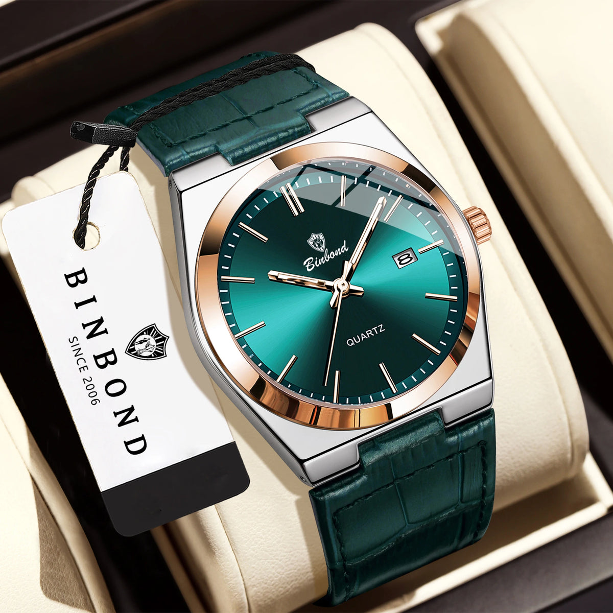 Montre-bracelet à quartz de luxe BINBOND pour homme – Étanche, lumineuse, avec date automatique – Style professionnel, sportif, tendance et décontracté – Bracelet en cuir