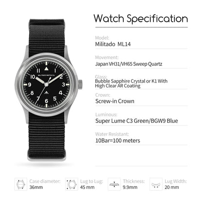 Militado New Ml14 Quartz Watches Man VH31 Sweep Movement K1 Or Sapphire 100M Waterproof Luminous 36Mm Vintage Military Watches