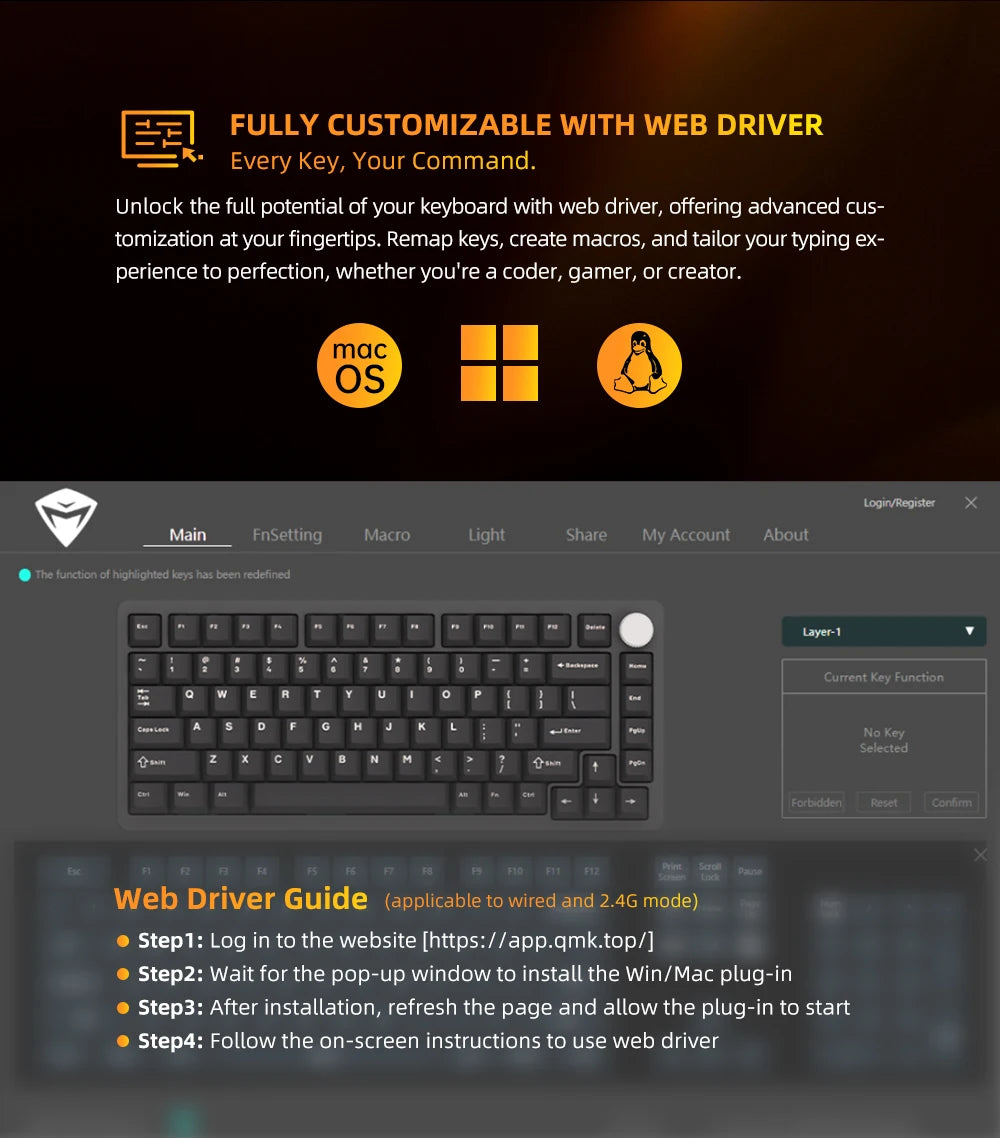 Teclado Mecânico Gaming Sem Fios Machenike K600-B82W Trimodo, Montagem Gasket, Layout ANSI 75% e Retroiluminação RGB