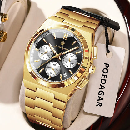 Relógio de homem POEDAGAR – Cronógrafo de luxo em aço inoxidável, com data, estanque e luminescente – Relógio de pulso desportivo de quartzo