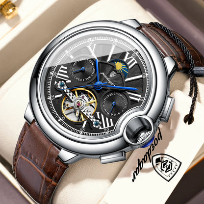 POEDAGAR luksusur til mænd – Mekanisk automatisk model med dato- og ugedagsvisning, læderrem, tourbillon, vandtæt, elegant og professionelt design.