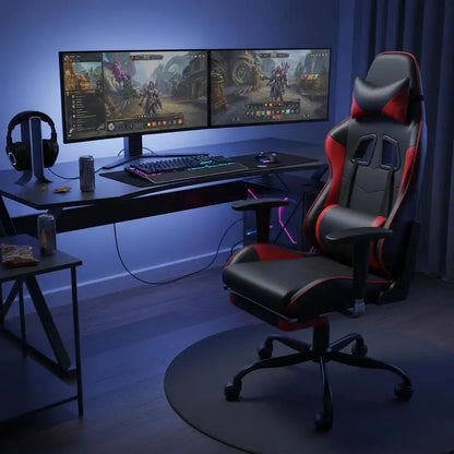 Massage Gaming Chair with Footrest Black and Red 66X56X120.5-131 cm in Imitation Leather, Reclining 360° Swivel Chair Maximum 110 kg