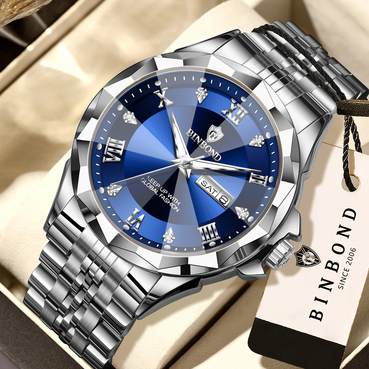 Orologio al quarzo da uomo BINBOND – Orologio da polso di lusso, luminescente e impermeabile, con indicazione del giorno della settimana e data automatica.