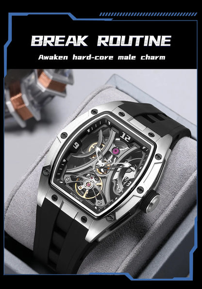 MEGIR Sports Style Automatic Mechanical Watch for Men Full Hollow Transparent Dial Design Stainless Steel Case Silicone Strap