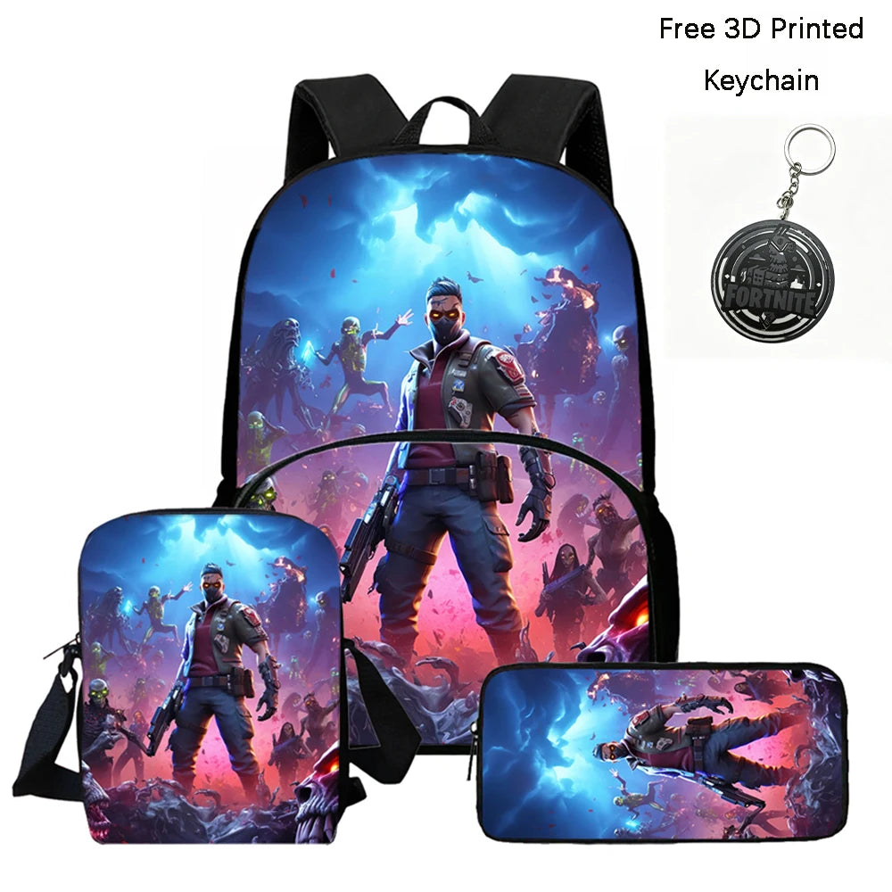 FORTNITE 3Pcs School Backpack Set,Front Pocket Bag Crossbody Pencil Case,Age5-10 Boys Girls Lightweight,Free 3D Printed Keychain