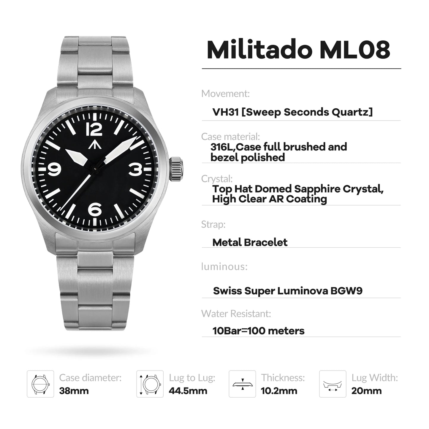 Militado ML08 V2 Vintage-Quarzuhr Military VH31-Uhrwerk Doppeltes Saphirglas C3 BGW-9 Leuchtend Wasserdicht 38mm Uhr