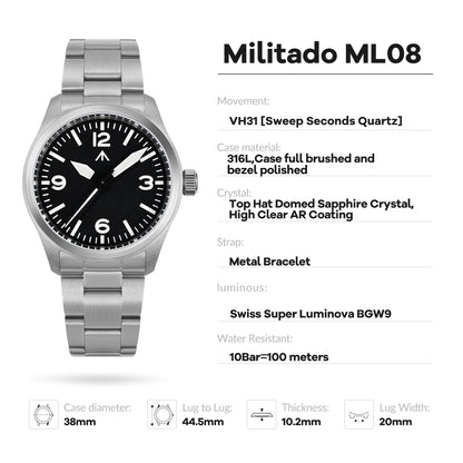 Militado ML08 V2 Vintage-Quarzuhr Military VH31-Uhrwerk Doppeltes Saphirglas C3 BGW-9 Leuchtend Wasserdicht 38mm Uhr