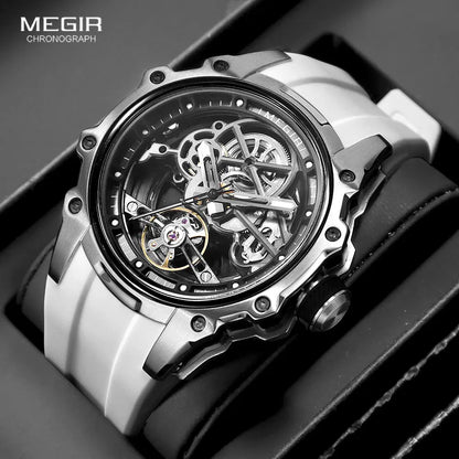 MEGIR Skeleton Dial Automatic Mechanical Watch Men Stainless Steel Case Waterproof Luminous Sport Wristwatch with Silicone Strap