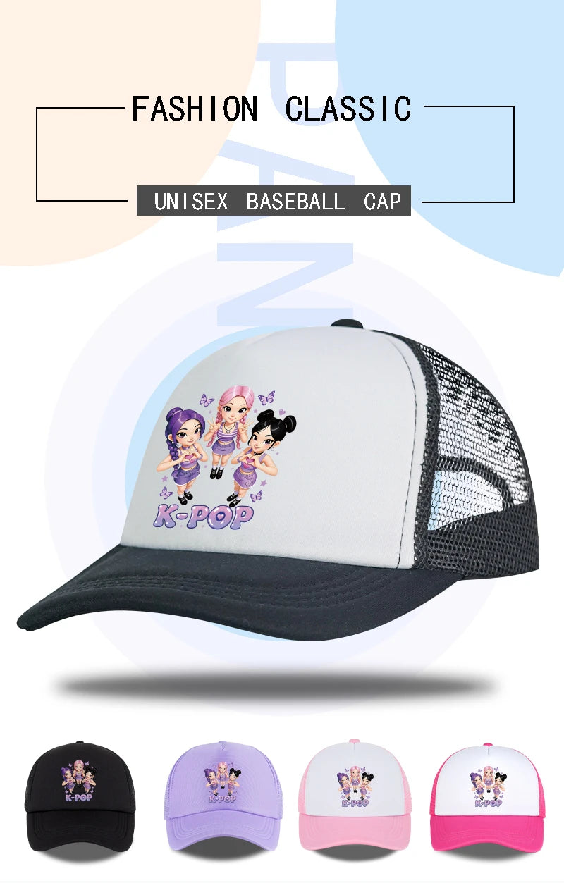 K-POP Cute Cartoon Girl Group Print Sponge Mesh Cap | Unisex Adjustable Mesh Baseball Cap | Y2K K-Pop Fan Street Style Sun Hat