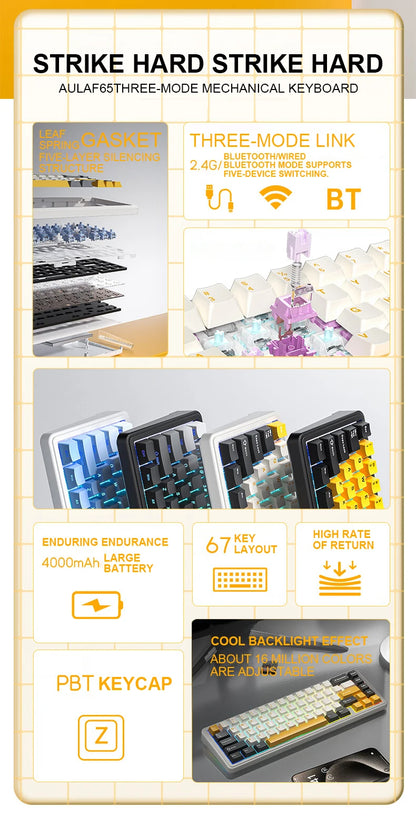 AULA F65 Mechanical Keyboard Three Mode Custom Wireless/Bluetooth/Wired Connection Full Key Hot-swapable Office Gaming Esports